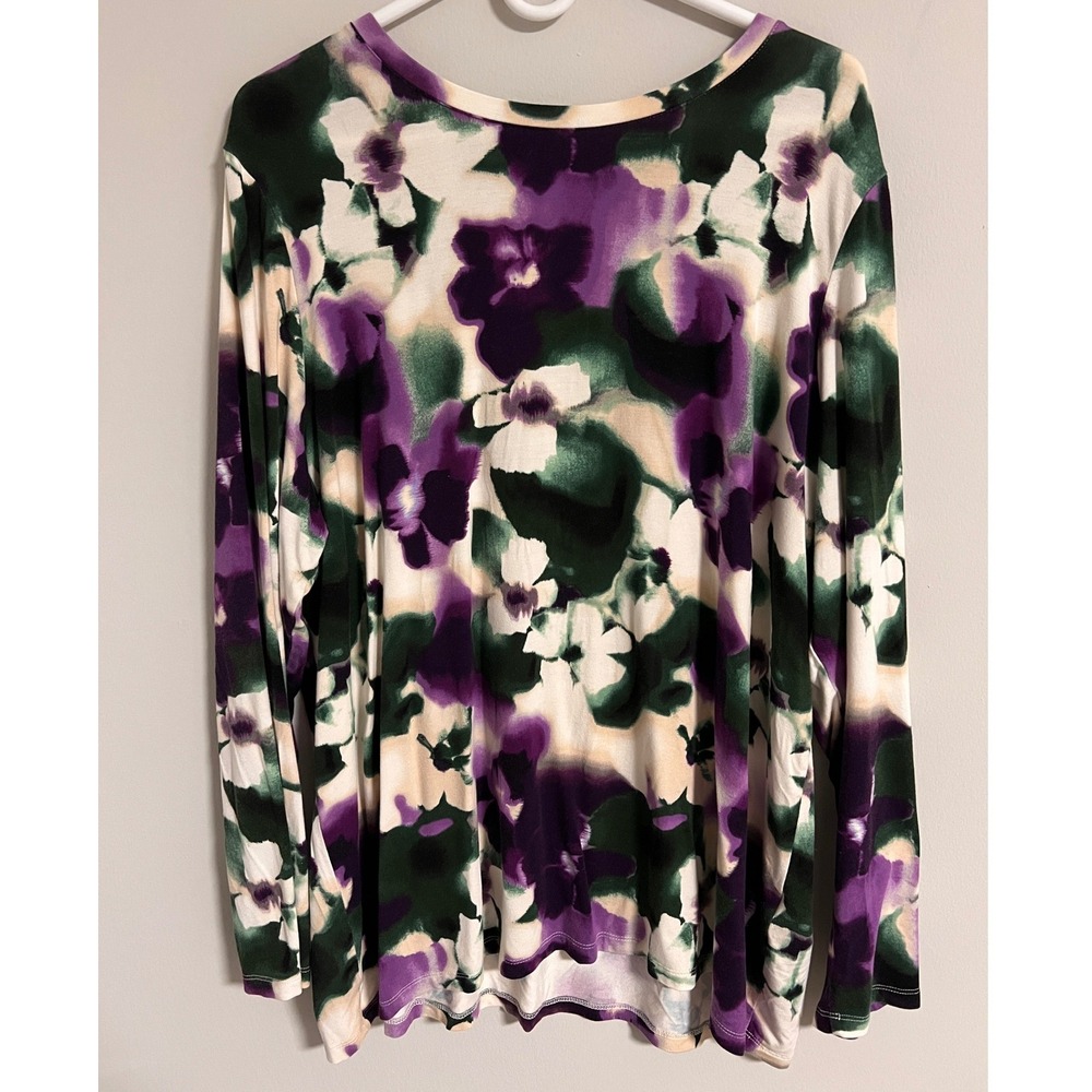 Chico's Watercolor Floral Long Sleeve Tunic Top Size 4 XXL Purple Green Floral